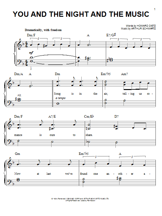 Arthur Schwartz You And The Night And The Music Sheet Music Download Pdf Score 99353