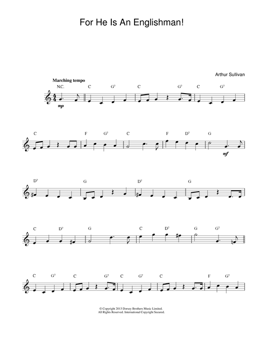 Preview Arthur Seymour Sullivan For He Is An Englishman Classical sheet music, notes and chords for Melody Line & Chords, SKU: 14044 For He Is An Englishman sheet music