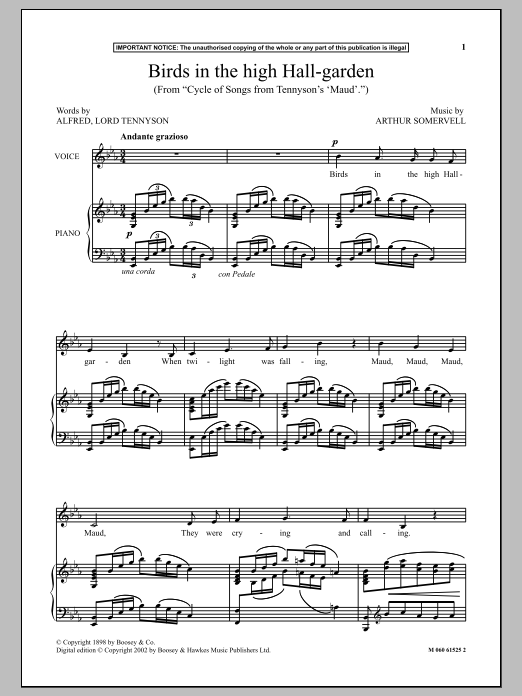 Preview Arthur Somervell Birds In The High Hall Garden (from Cycle Of Songs From Tennyson's Maud) Classical sheet music, notes and chords for Piano & Vocal, SKU: 90932 Birds In The High Hall Garden (from Cycle Of Songs From Tennyson's Maud) sheet music