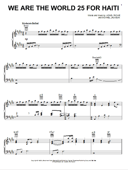 Artists For Haiti We Are The World 25 For Haiti Sheet Music Notes & Chords for Piano, Vocal & Guitar (Right-Hand Melody) - Download or Print PDF Artists For Haiti We Are The World 25 For Haiti Sheet Music Notes & Chords for Piano, Vocal & Guitar (Right-Hand Melody) - Download or Print PDF
