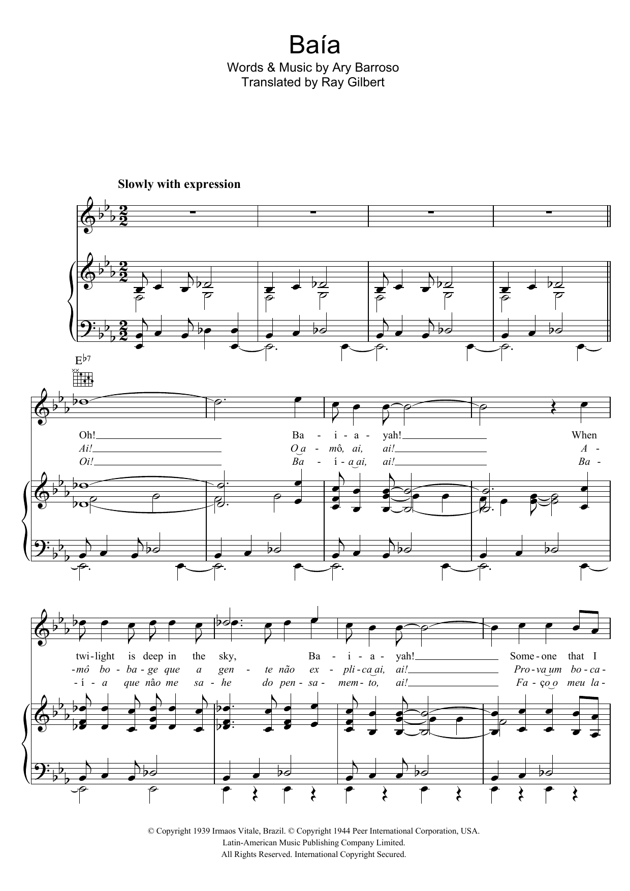 Ary Barroso Baia Sheet Music Notes & Chords for Piano, Vocal & Guitar (Right-Hand Melody) - Download or Print PDF