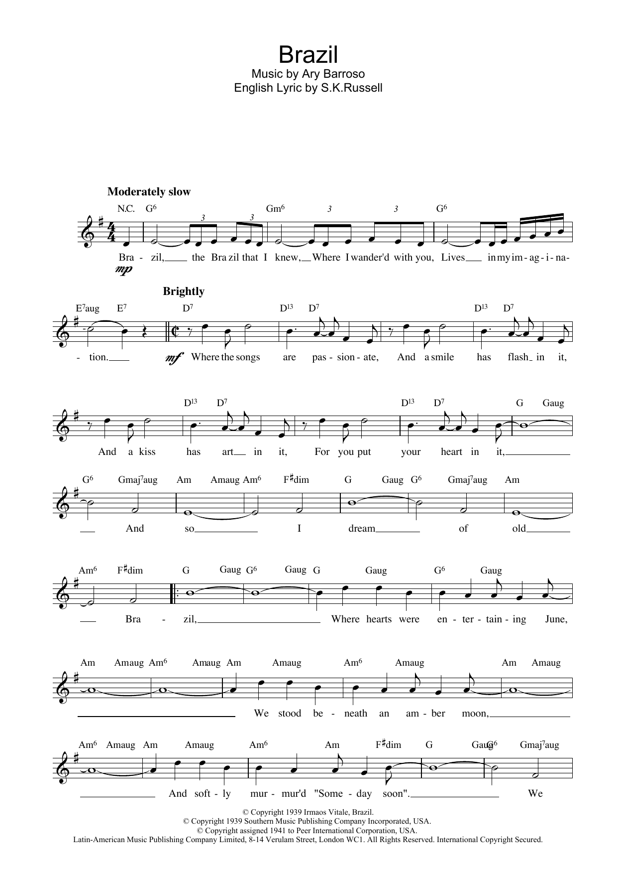 Ary Barroso Brazil Sheet Music Notes & Chords for Lead Sheet / Fake Book - Download or Print PDF