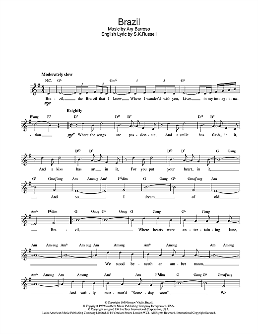 Preview Ary Barroso Brazil Film and TV sheet music, notes and chords for Melody Line, Lyrics & Chords, SKU: 13973 Brazil sheet music
