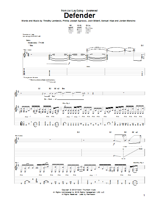 As I Lay Dying Defender Sheet Music Notes & Chords for Guitar Tab - Download or Print PDF