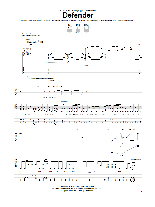 As I Lay Dying Defender Sheet Music Download Pdf Score 969