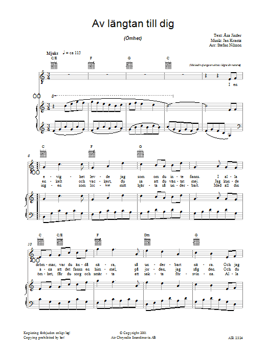 Asa Jinder Av Langtan Till Dig Sheet Music Notes & Chords for Piano, Vocal & Guitar (Right-Hand Melody) - Download or Print PDF