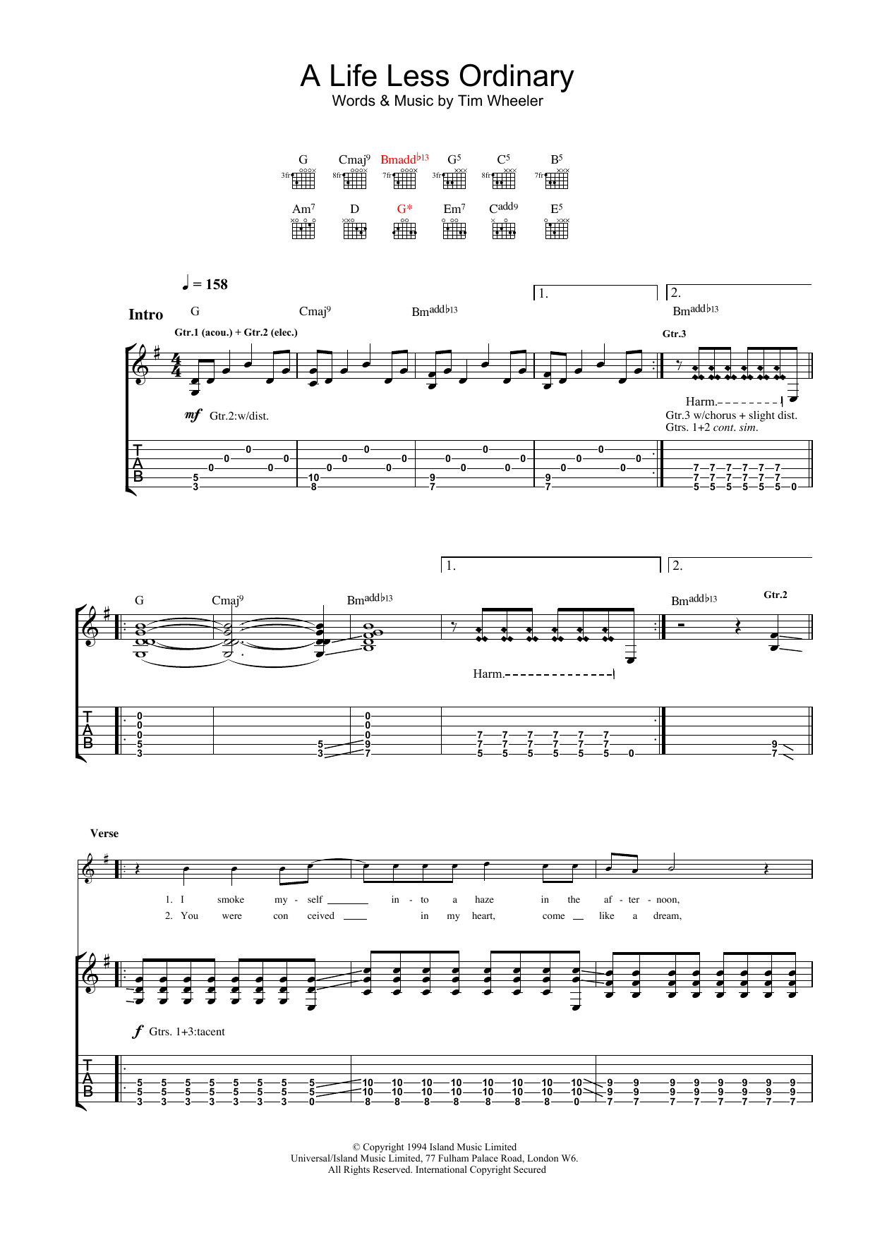 Ash A Life Less Ordinary Sheet Music Notes & Chords for Lyrics & Chords - Download or Print PDF