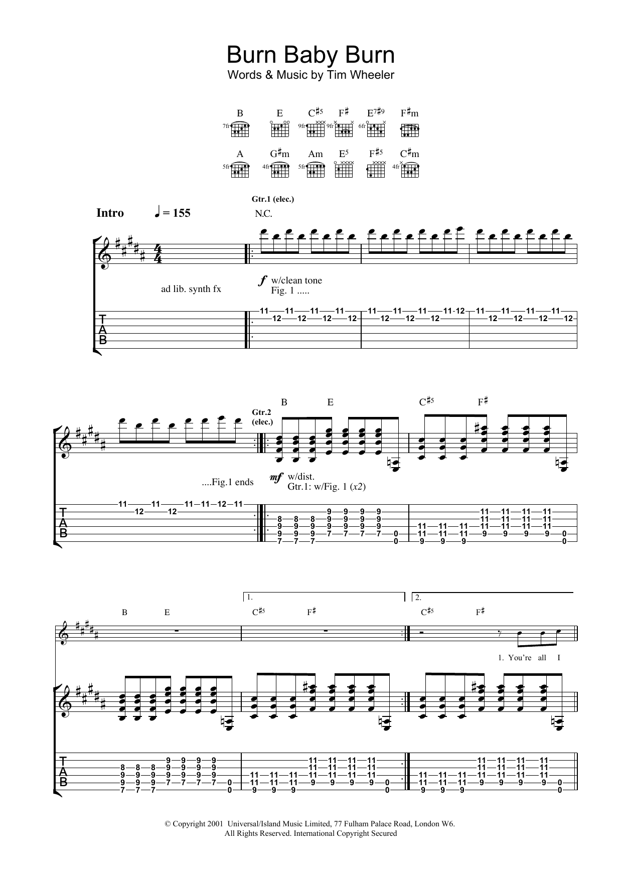 Ash Burn Baby Burn Sheet Music Notes & Chords for Guitar Tab - Download or Print PDF
