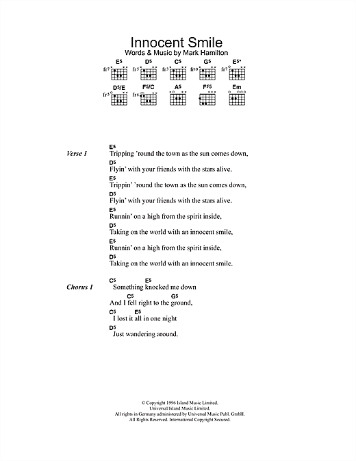 Preview Ash Innocent Smile Pop sheet music, notes and chords for Piano, Vocal & Guitar (Right-Hand Melody), SKU: 15116 sheet music, piano notes, chords, guitar tabs, score, transpose, transcribe, how to play, guide, download, learn, tutorial, progression, song, artist, awards, billboard, mtv, vh1, tour, single, album, release
