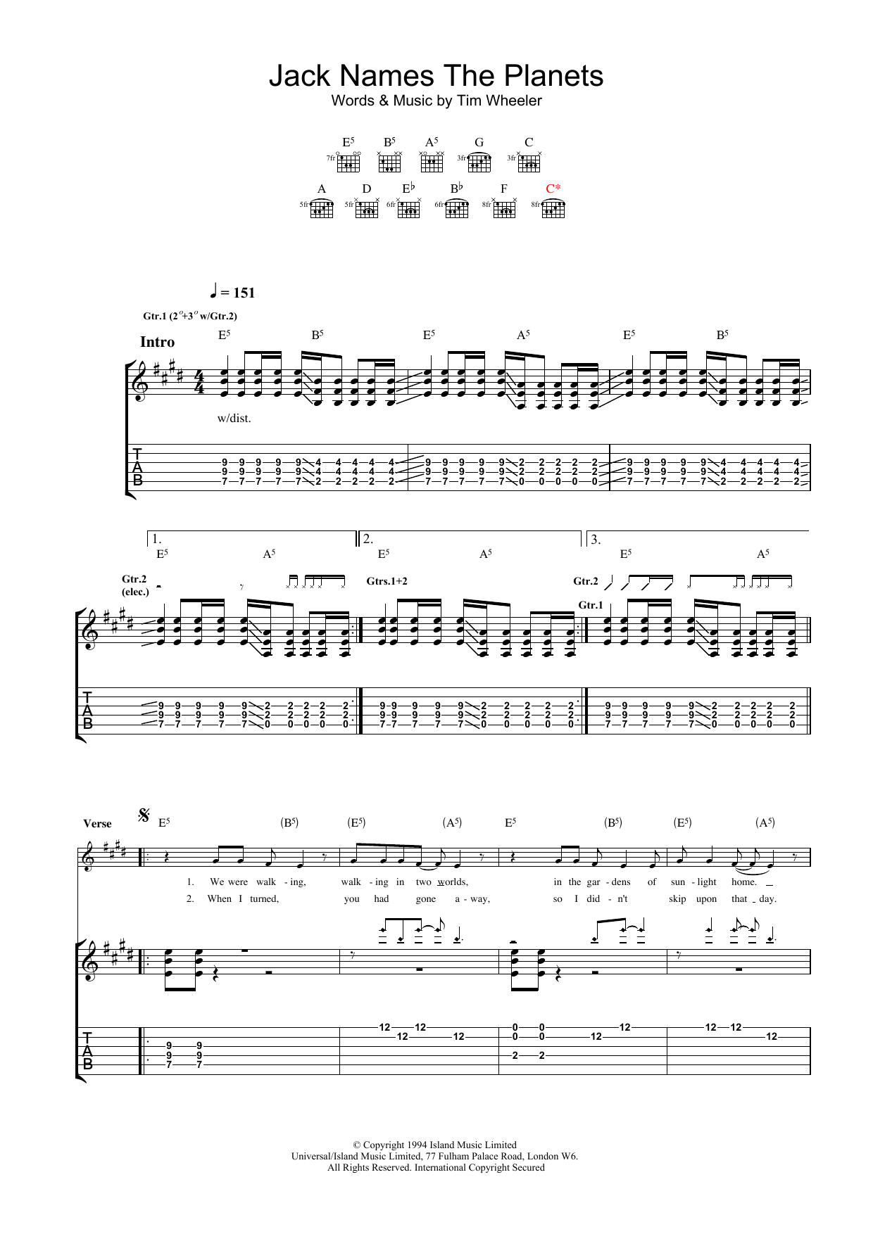 Ash Jack Names The Planets Sheet Music Notes & Chords for Guitar Tab - Download or Print PDF