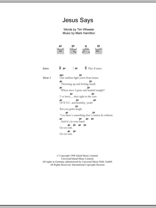 Ash Jesus Says Sheet Music Notes & Chords for Lyrics & Chords - Download or Print PDF