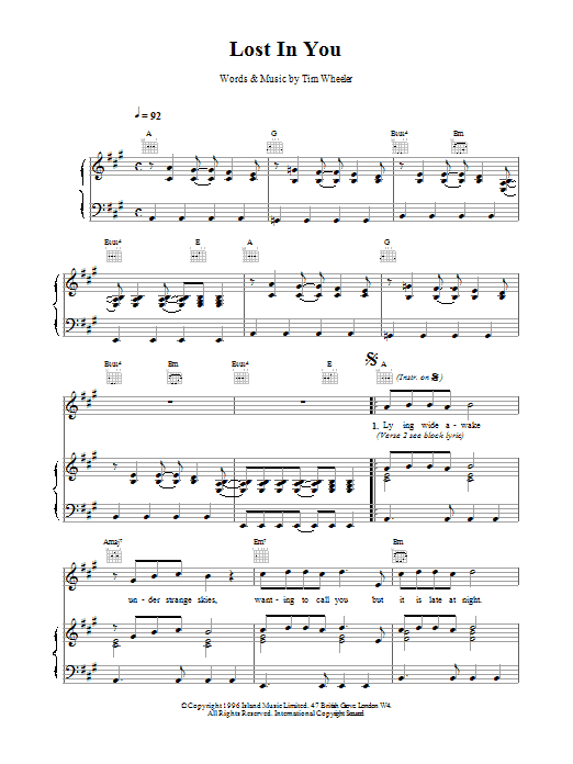 Ash Lost in You Sheet Music Notes & Chords for Piano, Vocal & Guitar (Right-Hand Melody) - Download or Print PDF