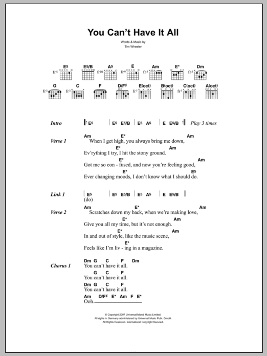 Ash You Can't Have It All Sheet Music Notes & Chords for Lyrics & Chords - Download or Print PDF