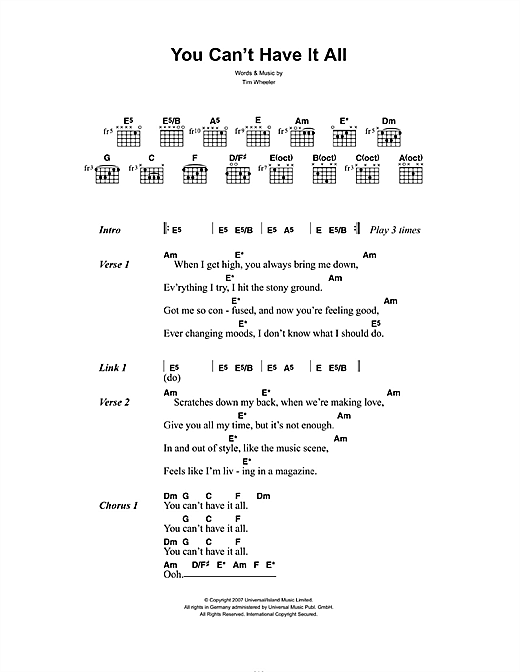 Ash You Can't Have It All Sheet Music Notes & Chords for Lyrics & Chords - Download or Print PDF
