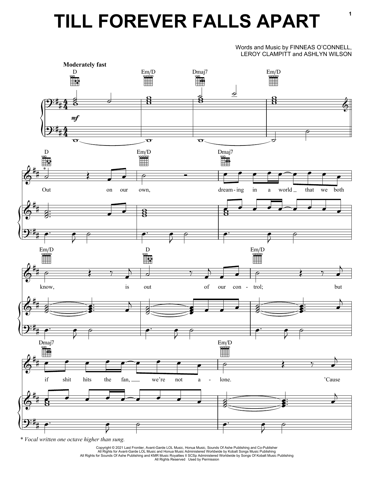 Ashe & FINNEAS Till Forever Falls Apart Sheet Music Notes & Chords for Piano, Vocal & Guitar (Right-Hand Melody) - Download or Print PDF