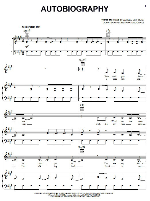 Ashlee Simpson Autobiography Sheet Music Notes & Chords for Piano, Vocal & Guitar (Right-Hand Melody) - Download or Print PDF