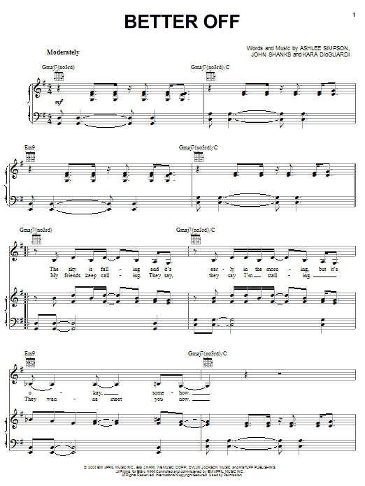 Ashlee Simpson Better Off Sheet Music Notes & Chords for Piano, Vocal & Guitar (Right-Hand Melody) - Download or Print PDF