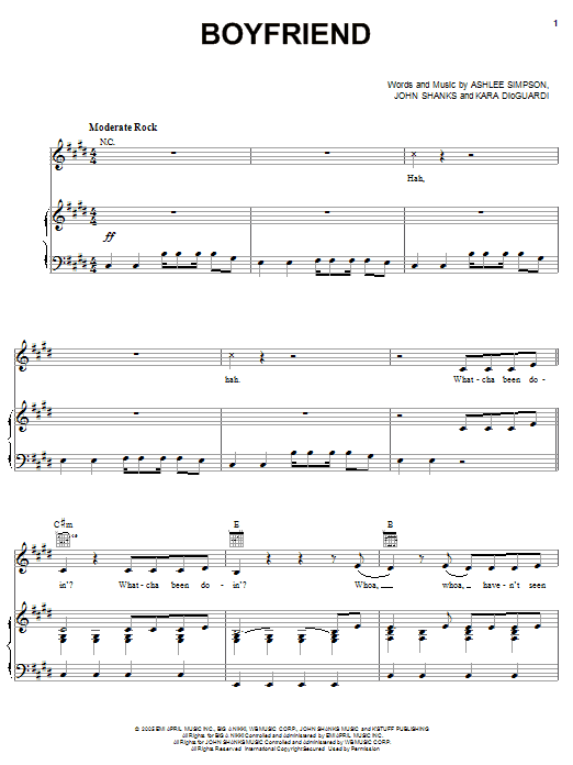 Ashlee Simpson Boyfriend Sheet Music Notes & Chords for Piano, Vocal & Guitar (Right-Hand Melody) - Download or Print PDF