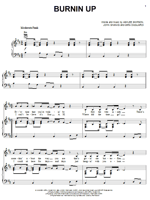 Ashlee Simpson Burnin Up Sheet Music Notes & Chords for Piano, Vocal & Guitar (Right-Hand Melody) - Download or Print PDF