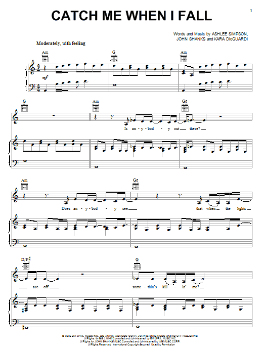 Ashlee Simpson Catch Me When I Fall Sheet Music Notes & Chords for Piano, Vocal & Guitar (Right-Hand Melody) - Download or Print PDF