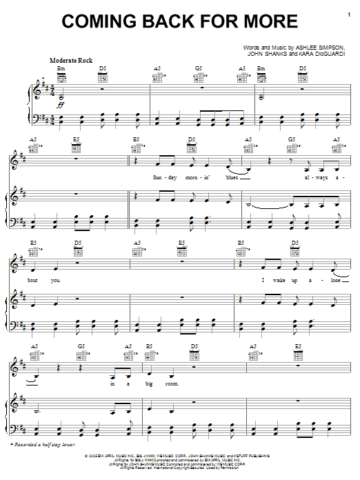 Ashlee Simpson Coming Back For More Sheet Music Notes & Chords for Piano, Vocal & Guitar (Right-Hand Melody) - Download or Print PDF