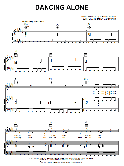 Ashlee Simpson Dancing Alone Sheet Music Notes & Chords for Piano, Vocal & Guitar (Right-Hand Melody) - Download or Print PDF