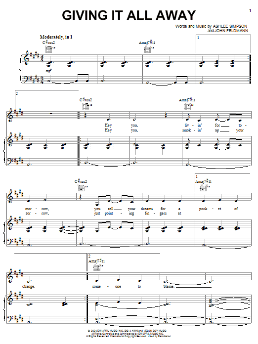 Ashlee Simpson Giving It All Away Sheet Music Notes & Chords for Piano, Vocal & Guitar (Right-Hand Melody) - Download or Print PDF