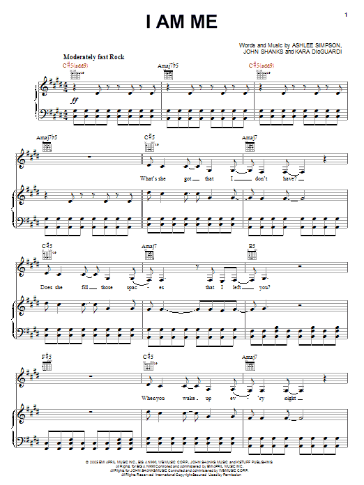 Ashlee Simpson I Am Me Sheet Music Notes & Chords for Piano, Vocal & Guitar (Right-Hand Melody) - Download or Print PDF
