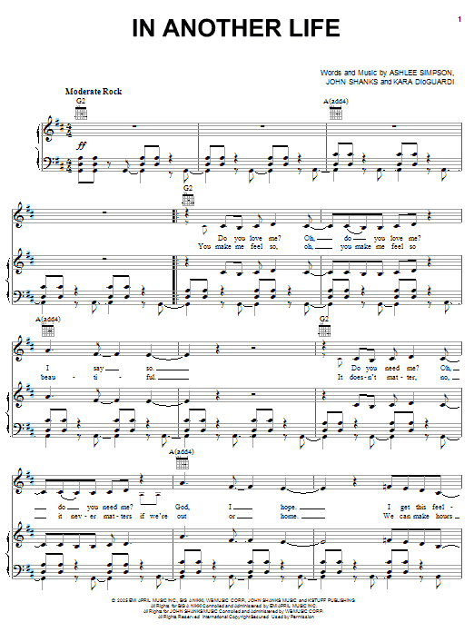 Ashlee Simpson In Another Life Sheet Music Notes & Chords for Piano, Vocal & Guitar (Right-Hand Melody) - Download or Print PDF