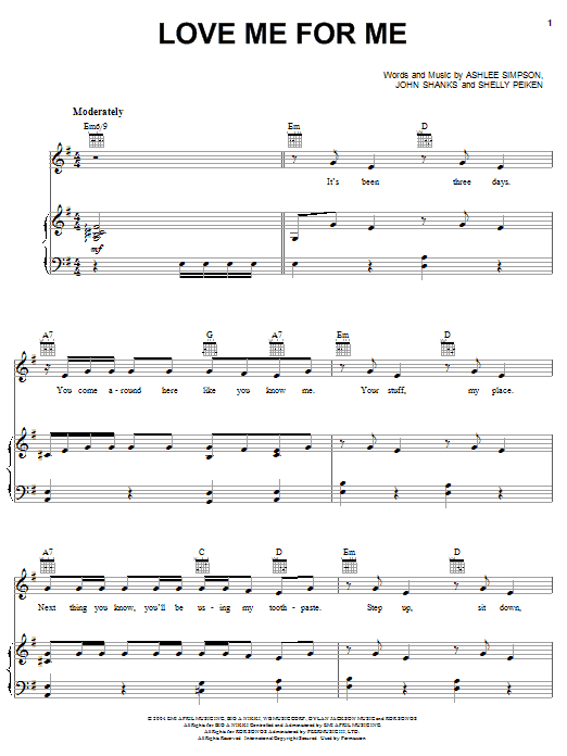 Ashlee Simpson Love Me For Me Sheet Music Notes & Chords for Piano, Vocal & Guitar (Right-Hand Melody) - Download or Print PDF