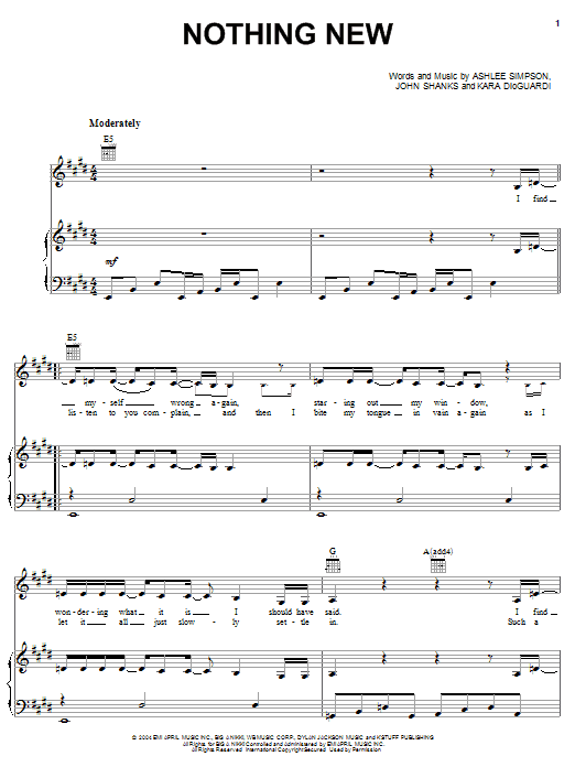 Ashlee Simpson Nothing New Sheet Music Notes & Chords for Piano, Vocal & Guitar (Right-Hand Melody) - Download or Print PDF