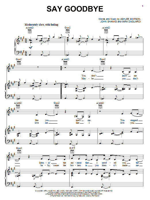 Ashlee Simpson Say Goodbye Sheet Music Notes & Chords for Piano, Vocal & Guitar (Right-Hand Melody) - Download or Print PDF