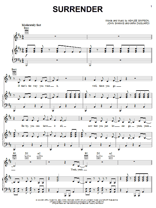 Ashlee Simpson Surrender Sheet Music Notes & Chords for Piano, Vocal & Guitar (Right-Hand Melody) - Download or Print PDF