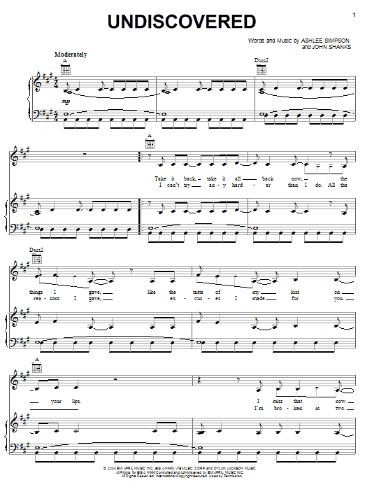 Ashlee Simpson Undiscovered Sheet Music Notes & Chords for Piano, Vocal & Guitar (Right-Hand Melody) - Download or Print PDF