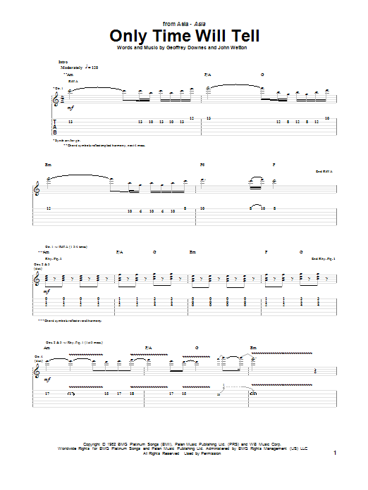 Asia Only Time Will Tell Sheet Music Notes & Chords for Guitar Tab - Download or Print PDF