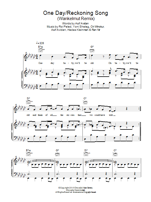 Asif Avidan One Day/Reckoning Song (Wankelmut Remix) Sheet Music Notes & Chords for Piano, Vocal & Guitar (Right-Hand Melody) - Download or Print PDF