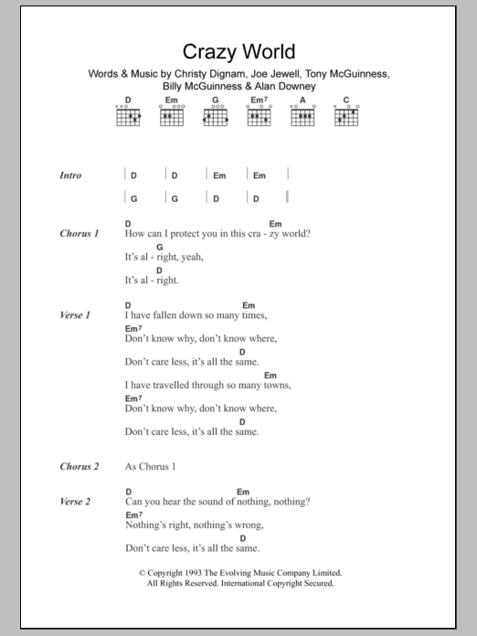 Aslan Crazy World Sheet Music Notes & Chords for Lyrics & Chords - Download or Print PDF