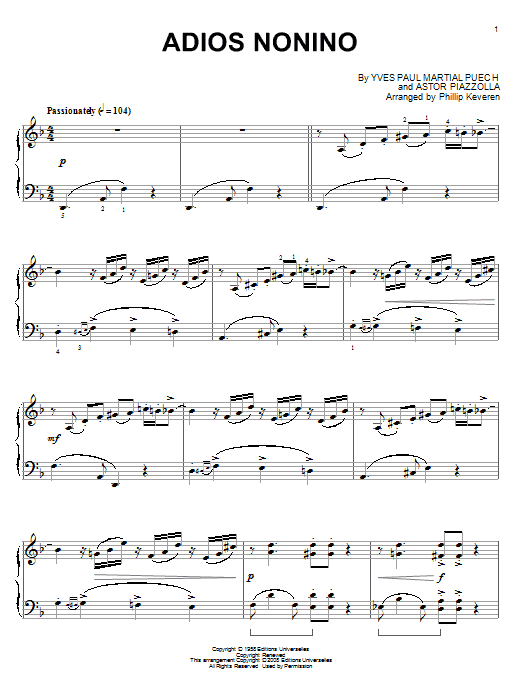 Astor Piazzolla Adios nonino Sheet Music Notes & Chords for Piano - Download or Print PDF