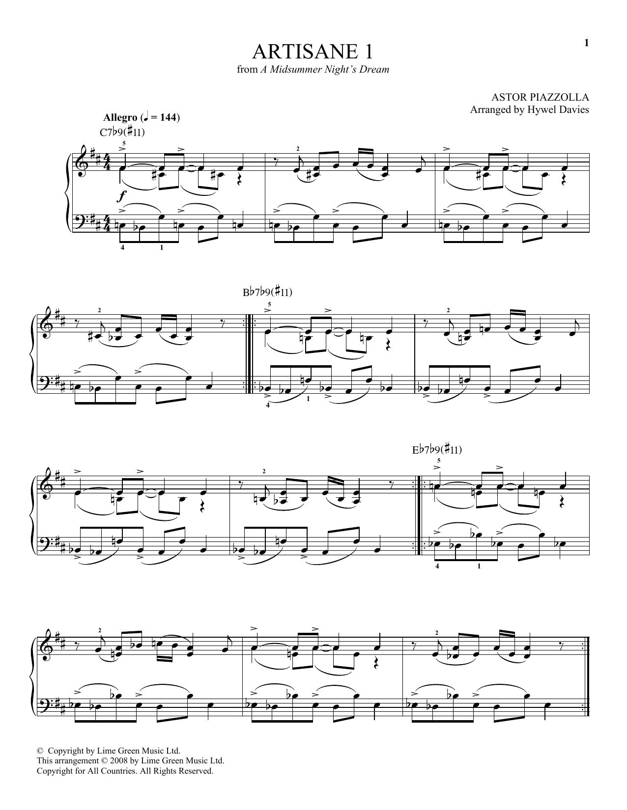 Astor Piazzolla Artisane 1 Sheet Music Notes & Chords for Piano Solo - Download or Print PDF