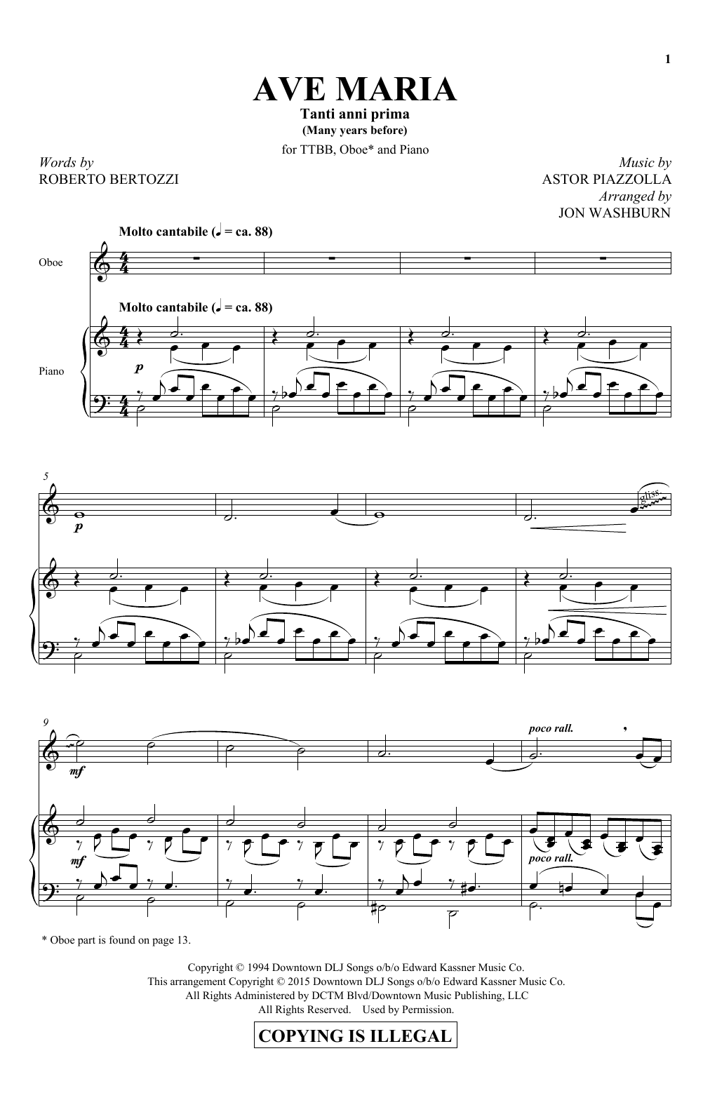 Astor Piazzolla Ave Maria (arr. Jon Washburn) Sheet Music Notes & Chords for TTBB - Download or Print PDF