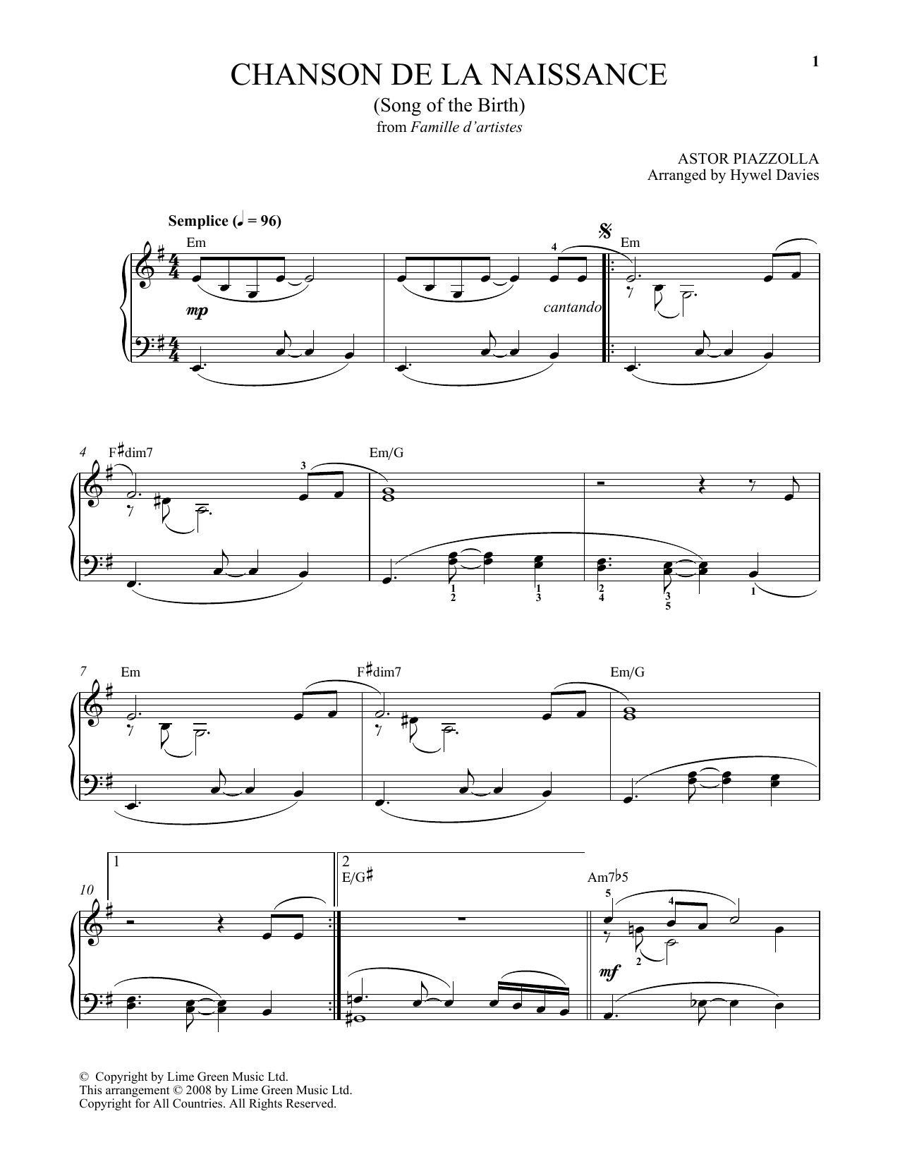 Astor Piazzolla Chanson De La Naissance Sheet Music Notes & Chords for Piano - Download or Print PDF