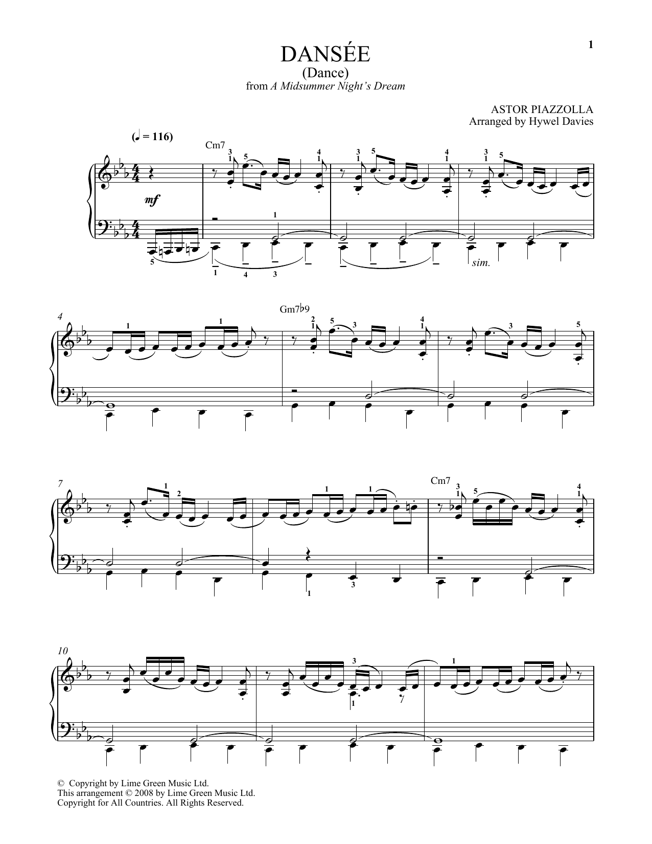 Astor Piazzolla Dansee Sheet Music Notes & Chords for Piano - Download or Print PDF