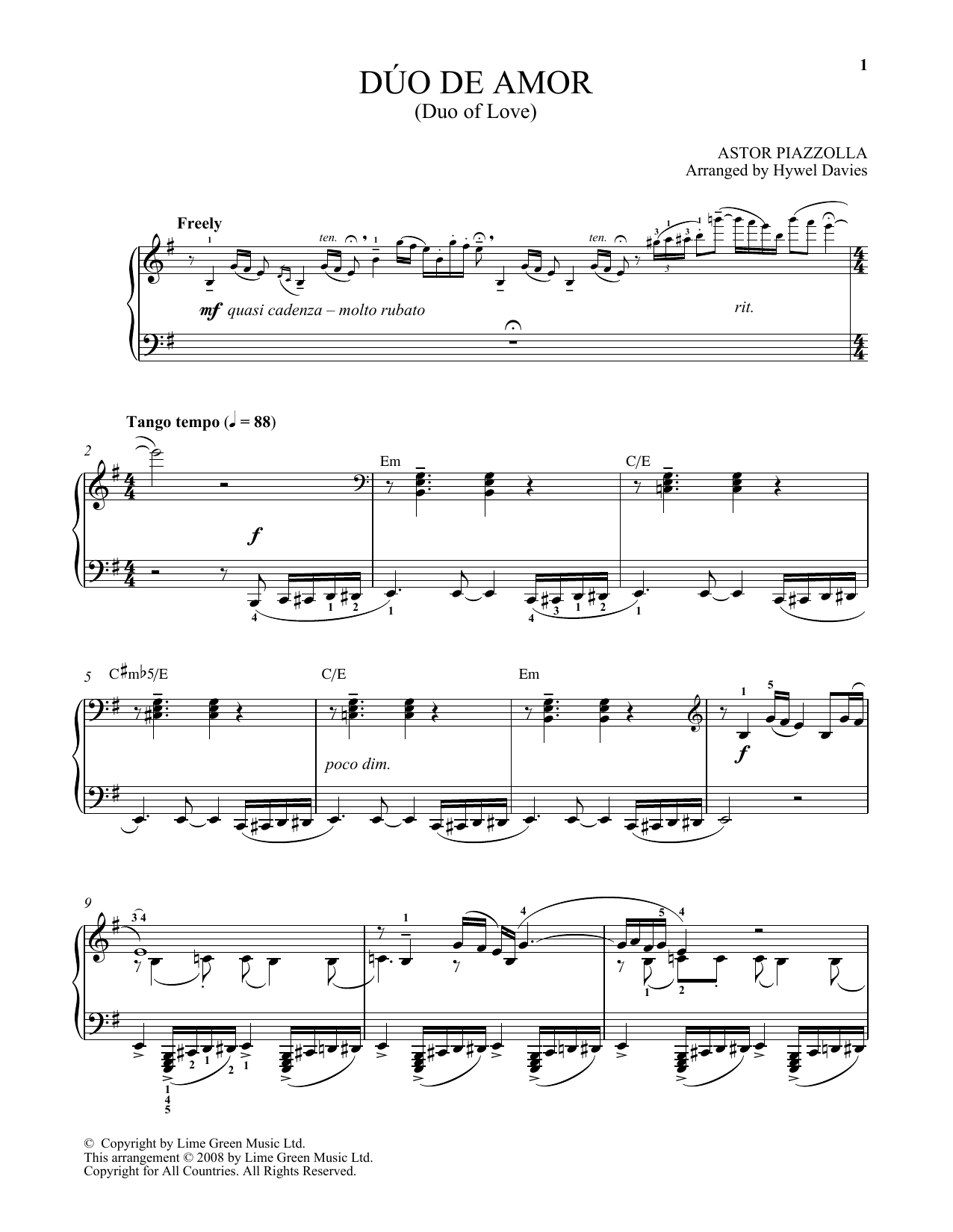 Astor Piazzolla Duo De Amor Sheet Music Notes & Chords for Piano - Download or Print PDF