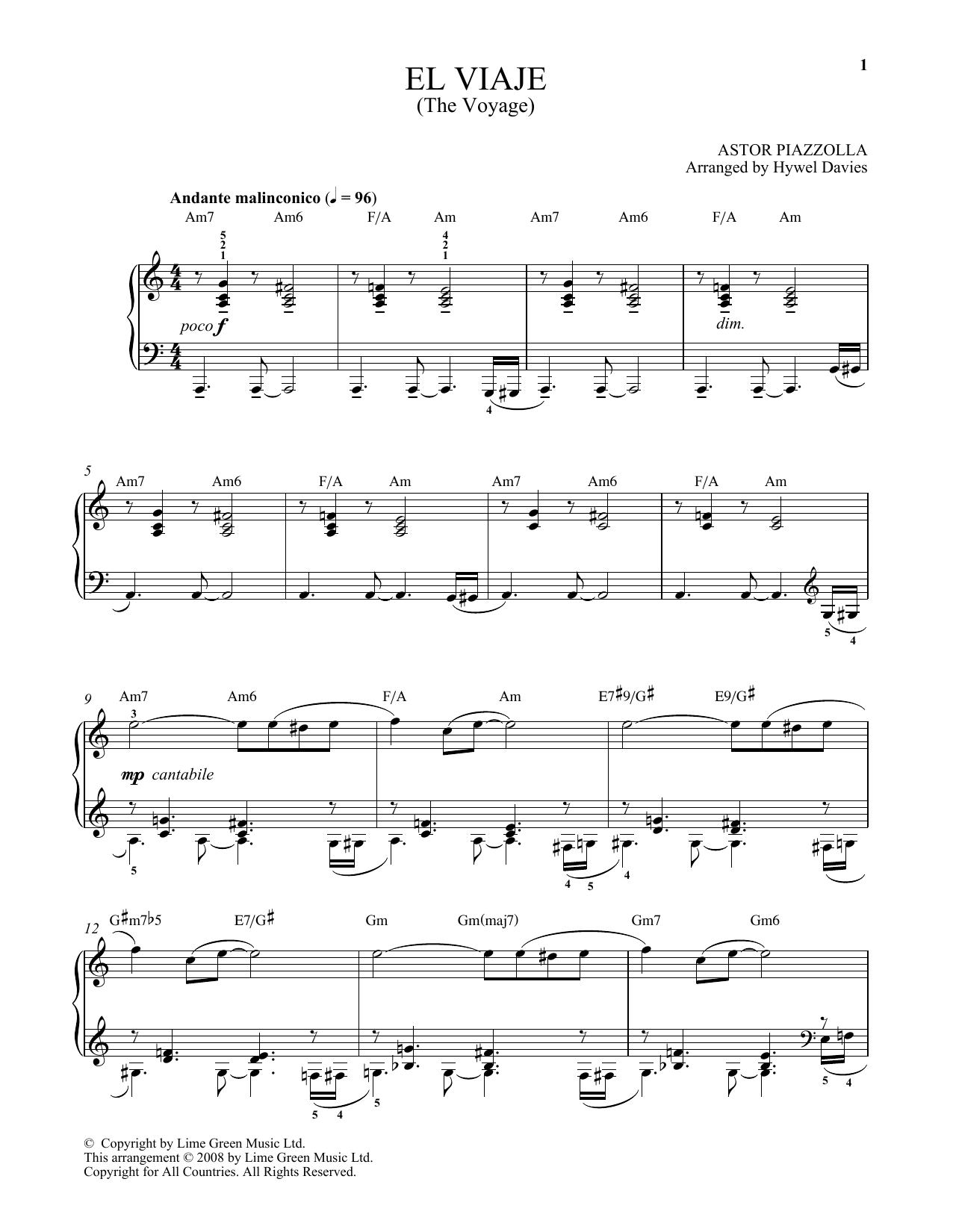 Astor Piazzolla El Viaje Sheet Music Notes & Chords for Piano - Download or Print PDF