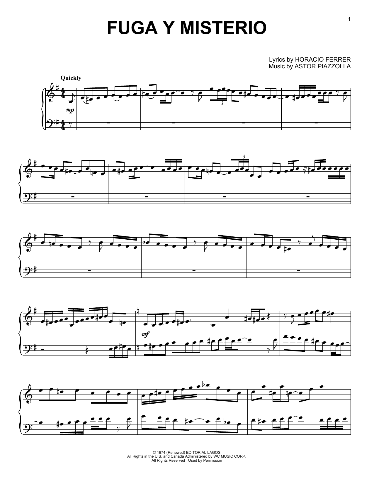 Astor Piazzolla Fuga Y Misterio Sheet Music Notes & Chords for Piano Solo - Download or Print PDF