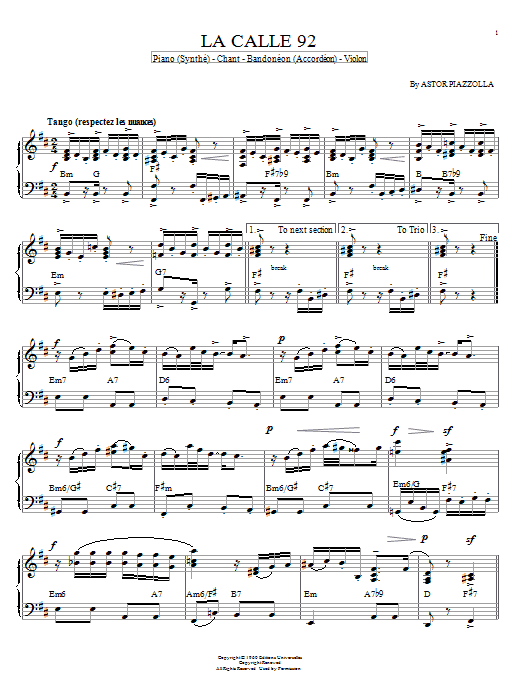 Astor Piazzolla La Calle 92 Sheet Music Notes & Chords for Piano - Download or Print PDF Astor Piazzolla La Calle 92 Sheet Music Notes & Chords for Piano - Download or Print PDF