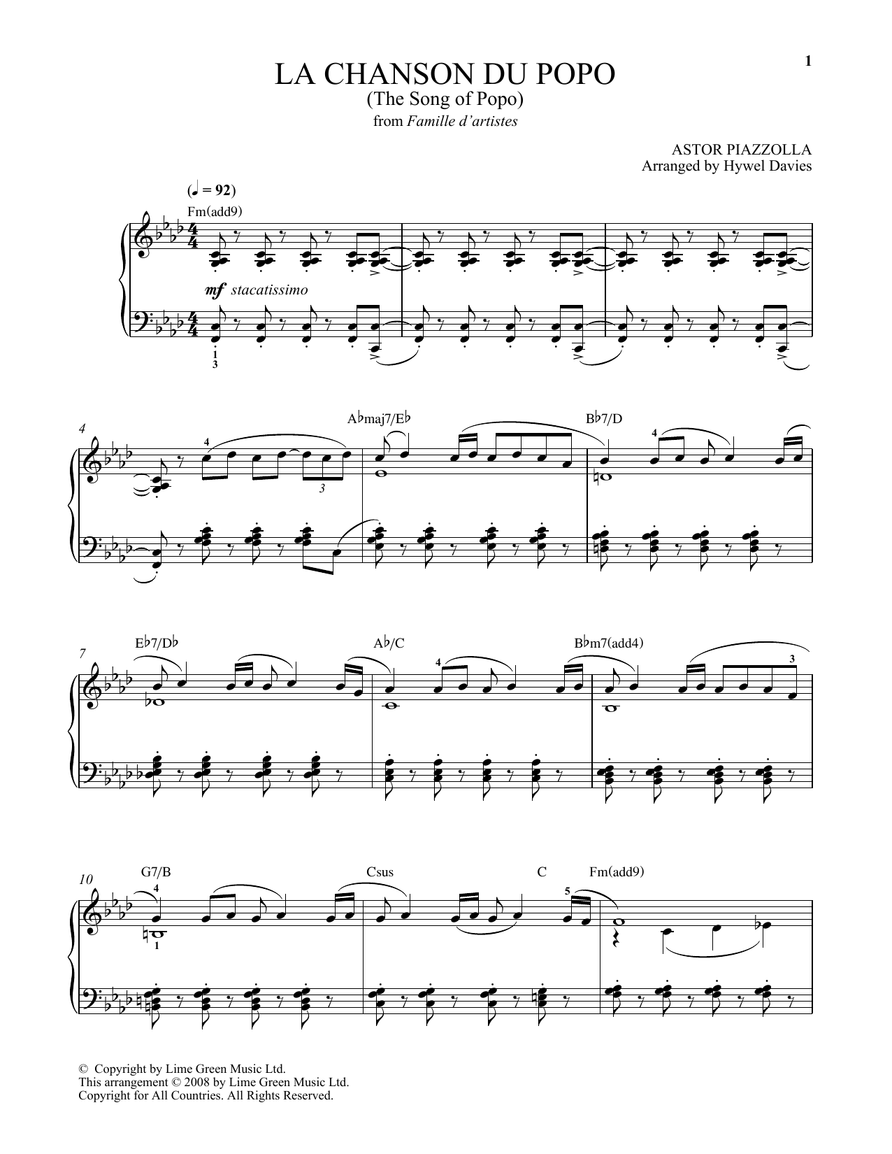 Astor Piazzolla La Chanson Du Popo Sheet Music Notes & Chords for Piano Solo - Download or Print PDF