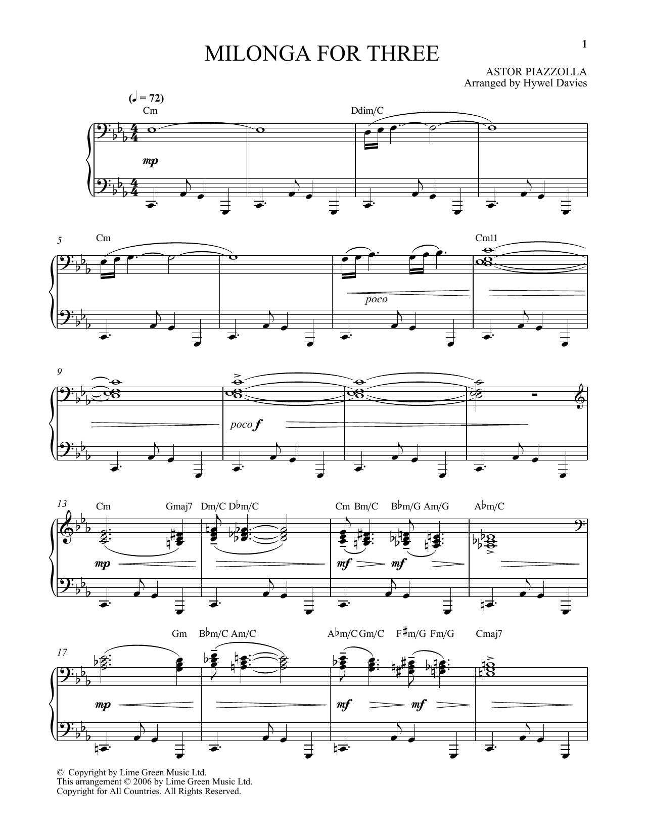 Astor Piazzolla Milonga For Three Sheet Music Notes & Chords for Piano Solo - Download or Print PDF