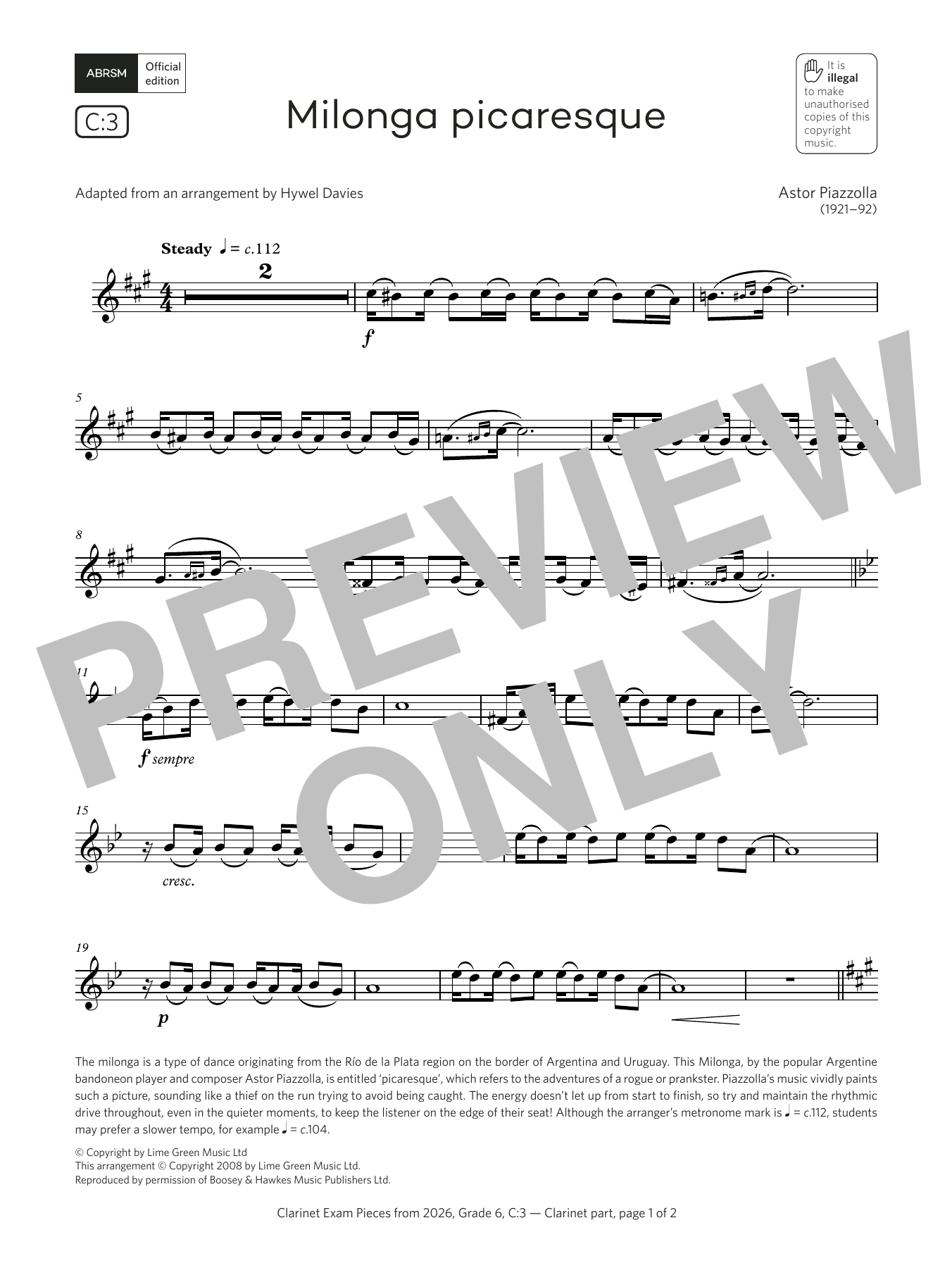 Astor Piazzolla Milonga picaresque (Grade 6, list C3, from the ABRSM Clarinet Syllabus from 2026) Sheet Music Notes & Chords for Clarinet Solo - Download or Print PDF Astor Piazzolla Milonga picaresque (Grade 6, list C3, from the ABRSM Clarinet Syllabus from 2026) Sheet Music Notes & Chords for Clarinet Solo - Download or Print PDF