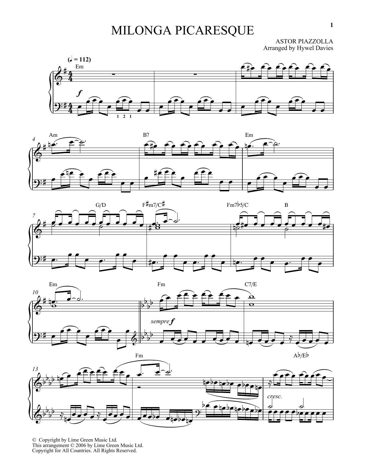 Astor Piazzolla Milonga Picaresque Sheet Music Notes & Chords for Piano Solo - Download or Print PDF